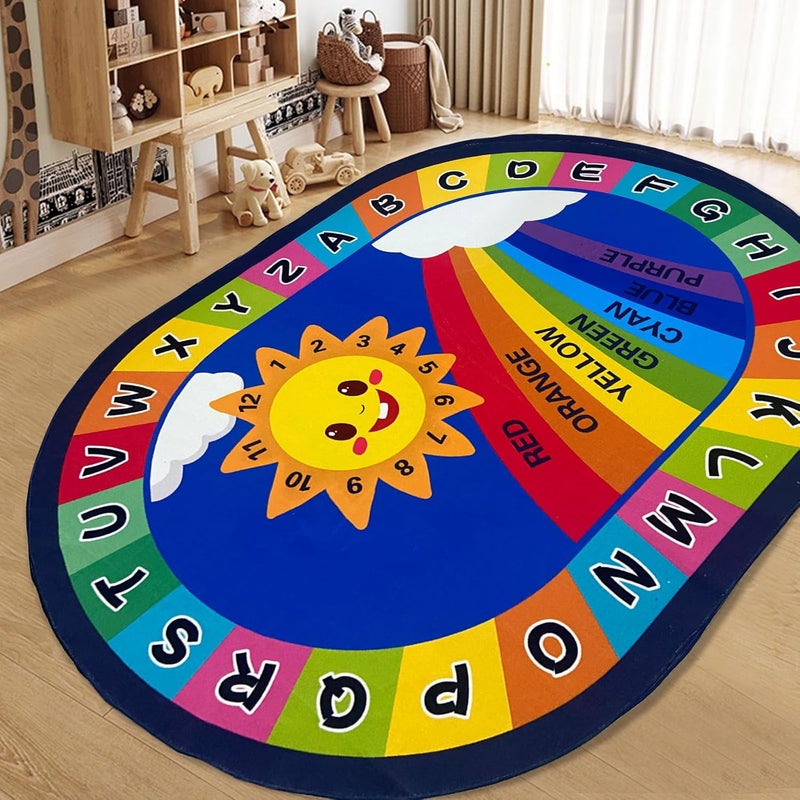 USTIDE Large Oval Educational Kids Rug 6x9,ABC Alphabet Colors Rainbow Fun Classroom Carpet Non-Slip Play Mat Washable Bedroom Playroom Rug Decor - Image 1